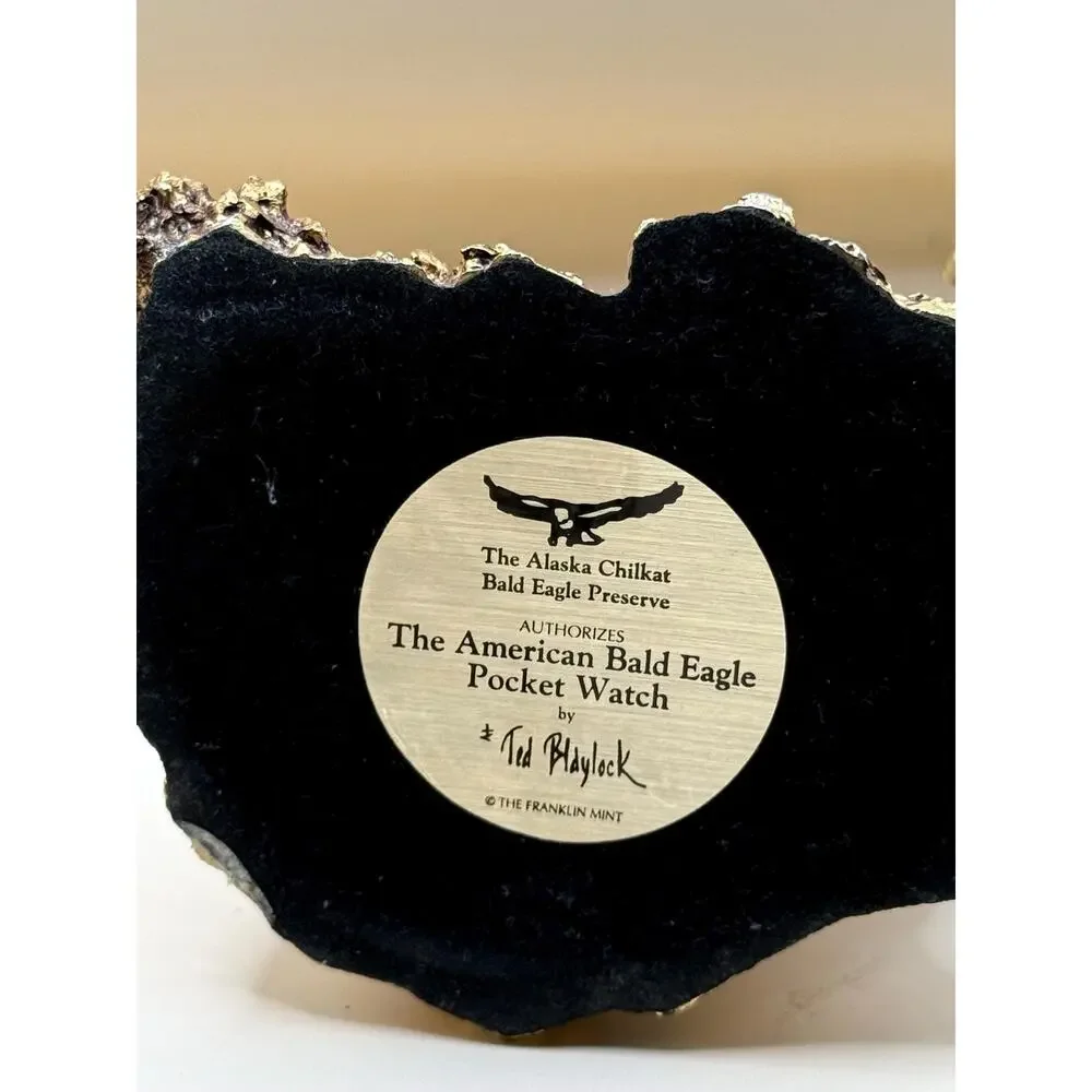 VTG Franklin Mint Bald Eagle Pocket Watch by Ted Blaylock Stand, Chain & Pouch